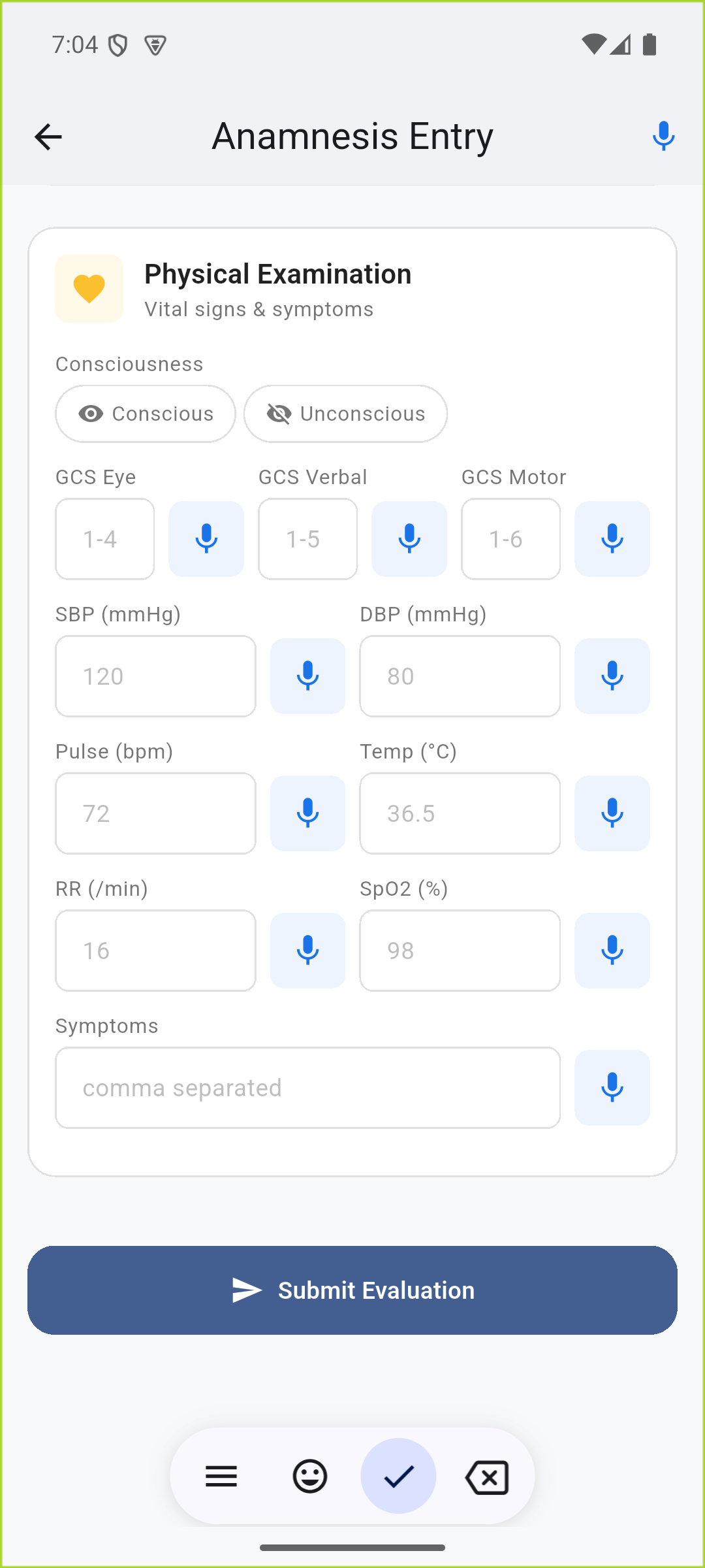 MediTox anamnesis entry screen
